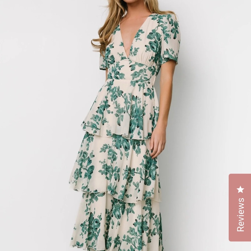 Baltic Born Cream and Green Ruffled Tiered Maxi Dress